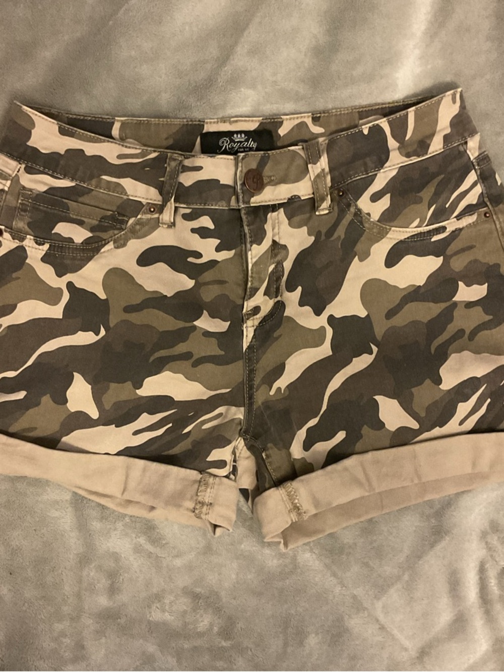 Royalty For Me Olive Camo Roll-Hem Jean Shorts